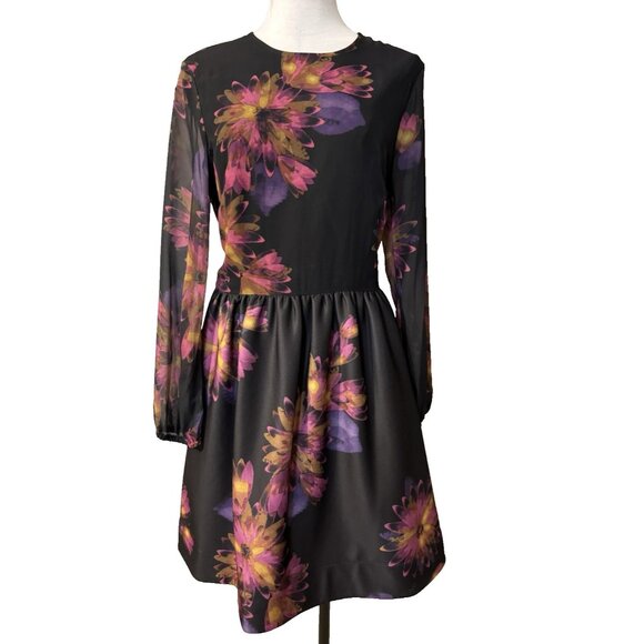 Taylor Dress 12 Black Plum Pink Floral Sheer Long Sleeve A Line Stretch NEW - Picture 1 of 14